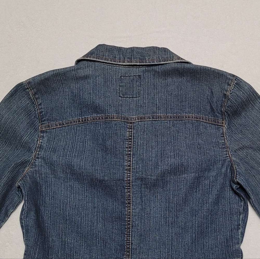 90s Vintage My Michelle Mid-Wash Blue Stretch Denim Red Floral Embroidery Jacket - Picture 7 of 10